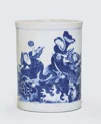 KANGXI (1662-1722) A BLUE AND WHITE CYLINDRICAL BRUSH POT